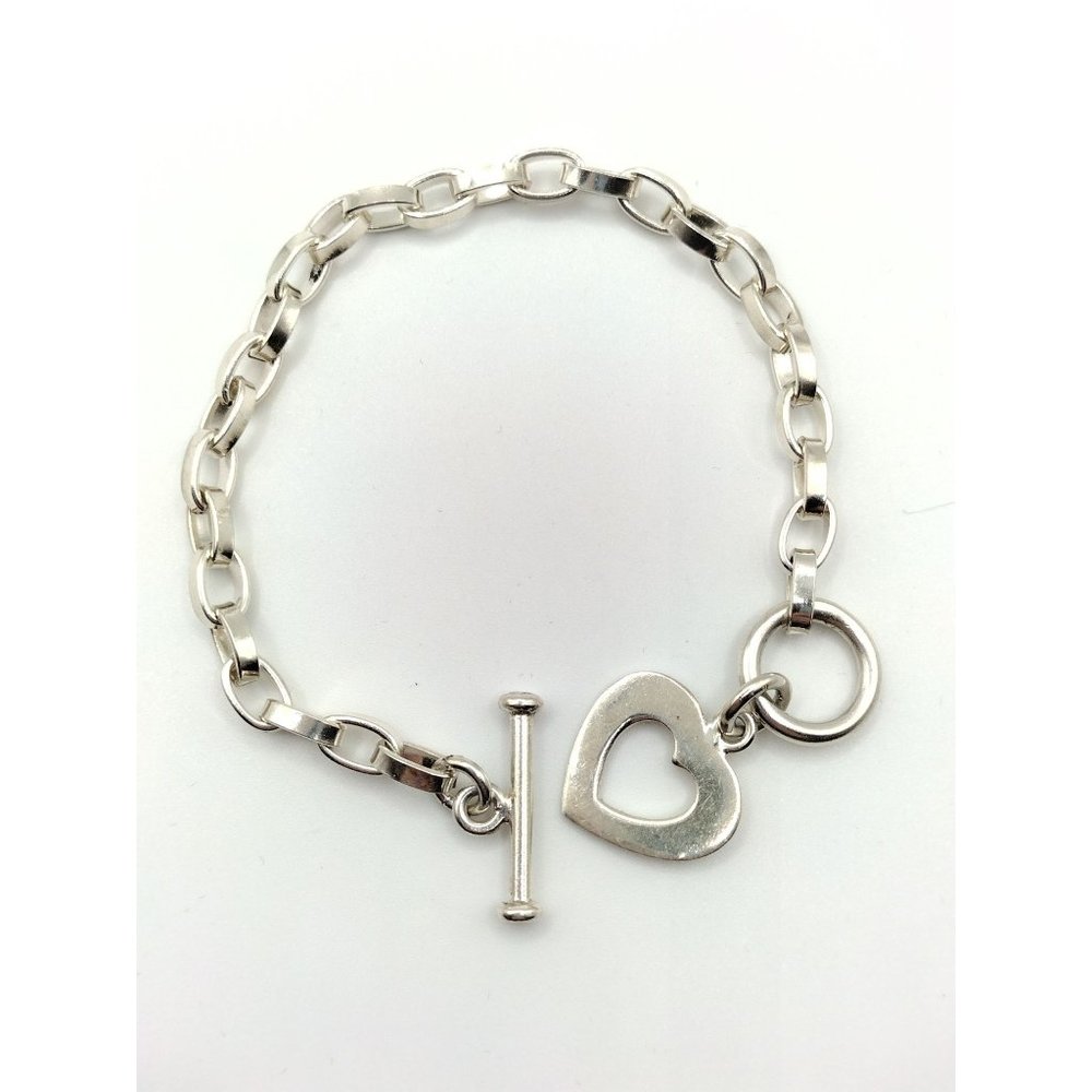 Sterling Silver 925 Designer Heart Tag Toggle Chain Bracelet 8"